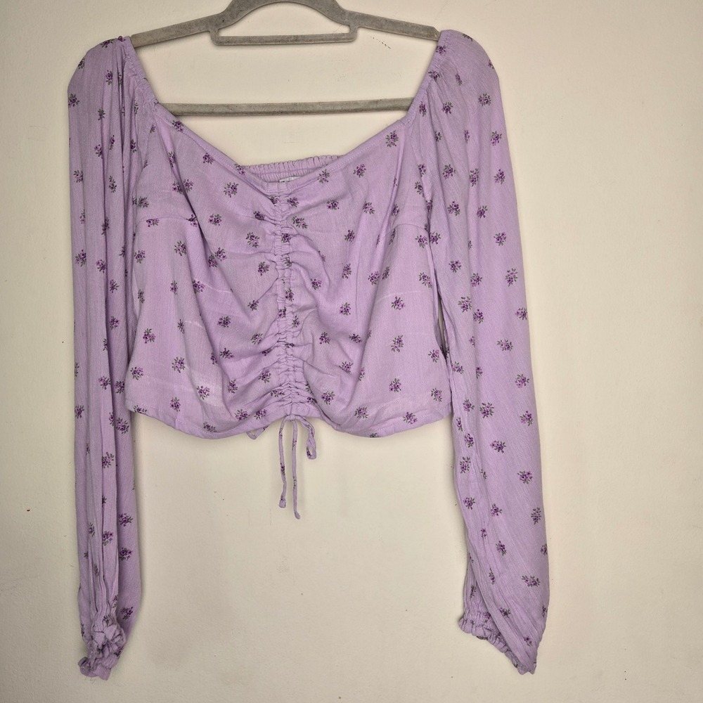 Hollister Purple Floral Boho Milkmaid Crop Top Smocked Long Sleeve Blouse Large